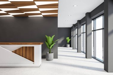 Gri duvarları, fayanslı zemini, beyaz ve ahşap resepsiyon tezgahı ve güzel tavan desenleri olan şık bir şirket bekleme odası. 3d oluşturma