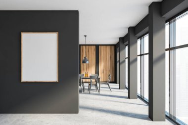 Gri ve ahşap duvarlı, büyük pencereli, sandalyeli, rahat gri masalı ve dikey poster çerçeveli ferah minimalist yemek odasının içi. 3d oluşturma
