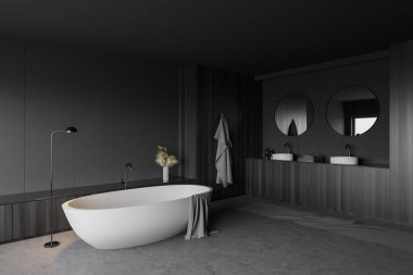Ana banyonun köşesinde gri ve koyu ahşap duvarlar, beton zemin, rahat beyaz küvet ve iki yuvarlak aynalı çift lavabo. 3d oluşturma