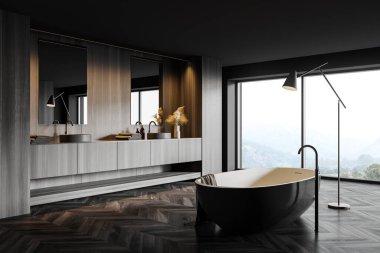 Lüks panoramik banyonun köşesinde gri ve koyu ahşap duvarlar, ahşap zemin, rahat gri küvet ve iki dikey aynalı çift lavabo. Bulanık dağ manzaralı bir pencere. 3d oluşturma