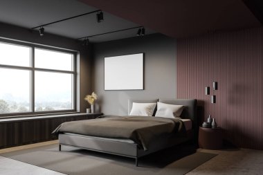 Koyu kırmızı ve gri duvarları, beton zemini, rahat kral yatağı ve yatay poster çerçevesi olan şık yatak odasının köşesi. Bulanık dağ manzaralı bir pencere. 3d oluşturma