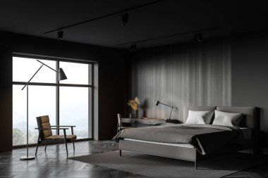 Gri ve koyu ahşap duvarlı şık yatak odasının köşesi, rahat kral yatağı, ofis alanında masa ve bulanık manzaralı pencerenin yanında duran yumuşak koltuk. 3d oluşturma