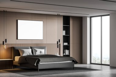 Büyük yatak odasının köşesi, bej ve beyaz duvarlar, beton zemin, rahat kral yatağı, ofis köşesi ve kitaplık. Yatay olarak bulanık görünümlü poster çerçevesi ve pencereyi düzenle. 3d oluşturma