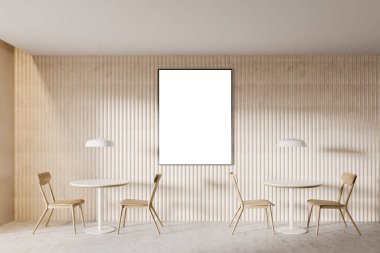 Ahşap sandalyeli küçük yuvarlak masalar ve modern minimalist restoranda bej duvarları ve beton zemini olan poster çerçevesi. 3d oluşturma