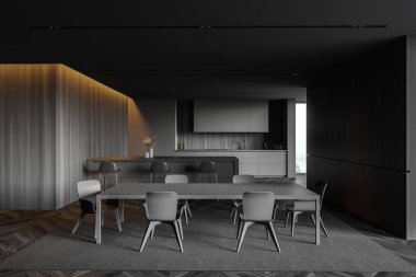 Geniş mutfak, gri ve ahşap duvarlar, koyu ahşap zemin, gri tezgah, tabureli bar ve sandalyeli rahat yemek masası. 3d oluşturma