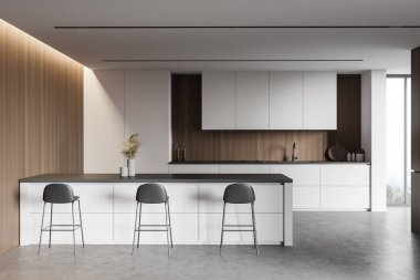 Beyaz ve ahşap duvarları, beton zemini, beyaz dolapları ve tezgahları olan ve tabureli rahat bir barı olan modern mutfağın içi. 3d oluşturma