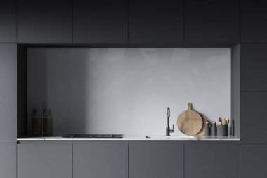 Lavabo ve fırının içine monte edilmiş gri mutfak tezgahlarını kapatın modern odada beyaz duvarlı. 3d oluşturma