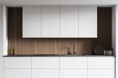 Modern mutfaktaki ahşap duvarlı lavabo ve ocakta duran beyaz dolapları ve tezgahları kapatın. 3d oluşturma