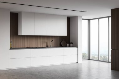 Beyaz ve ahşap duvarları, beton zemini, beyaz dolapları ve tezgahları lavabo, fırın ve bulanık manzaralı penceresi olan ferah minimalist mutfağın köşesi. 3d oluşturma