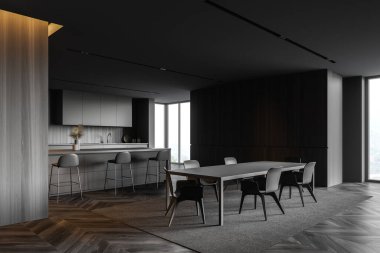 Geniş mutfak, gri ve ahşap duvarlar, koyu ahşap zemin, gri tezgah, tabureli bar ve sandalyeli rahat yemek masası. 3d oluşturma