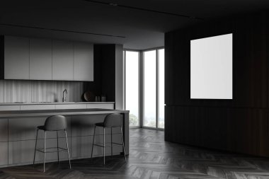 Gri ve ahşap duvarları, koyu ahşap zemini, gri dolapları ve tezgahları olan şık bir mutfağın köşesi ve tabureli rahat bir bar. Dikey maket posteri. 3d oluşturma