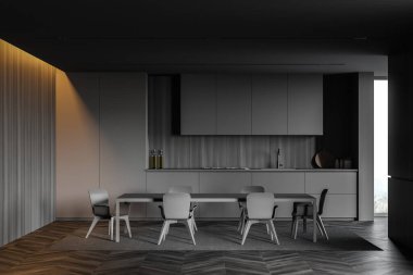 Gri ve ahşap duvarları olan modern mutfağın içi, koyu ahşap zemin, ocağı ve lavabosu olan gri tezgahlar ve sandalyeli rahat yemek masası. 3d oluşturma