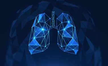 Bulanık mavi arka planda dijital akciğer arayüzü. 2019 ncov coronavirus salgını ve solunum hastalığı kavramı. 3d rengarenk resim çift pozlama