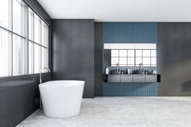 Geniş banyonun gri ve mavi duvarları, beton zemini, rahat küveti ve yatay aynalı çift lavabosu olan yan görüntüsü. 3d oluşturma