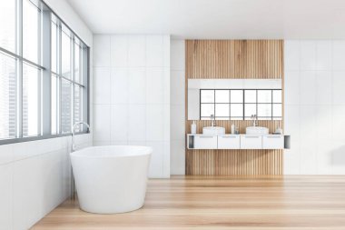 Beyaz fayanslı ve ahşap duvarlı geniş banyonun yan görüntüsü, ahşap zemin, rahat banyo küveti ve yatay aynalı çift lavabo. 3d oluşturma