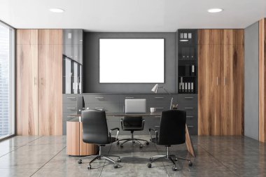 Gri ve ahşap duvarları, fayanslı zemini, ziyaretçiler için sandalyeli bilgisayar masası ve yatay poster çerçeveli lüks CEO ofisi. 3d oluşturma