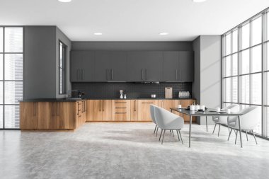 Gri ve tuğladan duvarları, beton zemini, ahşap tezgahları, gri dolapları ve beyaz koltuklu yemek masası olan şık bir mutfak. 3d oluşturma