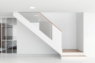 Modern oturma odasında beyaz duvarları, ahşap zemini ve arka planda kitaplığı olan kahverengi kanepesi olan rahat, beyaz ve ahşap merdivenler. 3d oluşturma