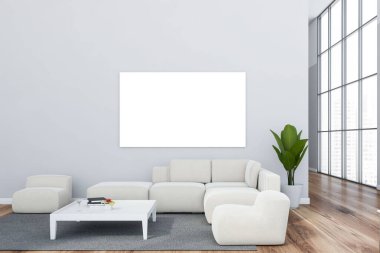 Gri duvarları, ahşap zemini, rahat beyaz koltuğu, kare sehpanın yanındaki koltukları ve yatay maket posteriyle şık bir oturma odası. Bulanık şehir manzarası. 3d oluşturma