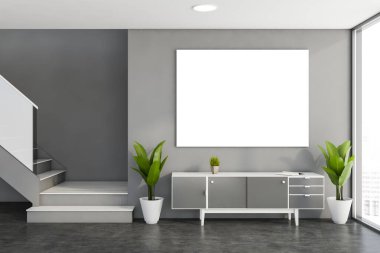 Gri duvarları, beton zemini, üzerinde yatay posteri ve merdiveni olan rahat beyaz ve gri dolabı olan modern oturma odasının içi. 3d oluşturma
