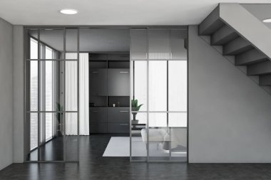 Gri duvarları, beton zemini, rahat beyaz kanepesi ve cam kapıların arkasında gri kitaplığı olan rahat bir oturma odası. 3d oluşturma