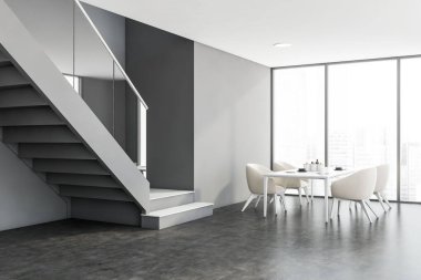 Panoramik lüks yemek odasının köşesinde gri duvarlar, beton zemin, beyaz koltuklu rahat masa, bulanık şehir manzaralı pencere ve zarif merdivenler. 3d oluşturma