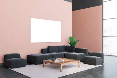 Pembe duvarları, beton zemini, rahat gri koltuğu, kare sehpanın yanındaki koltukları ve yatay maket posteriyle şık oturma odasının köşesi. Bulanık şehir manzarası. 3d oluşturma