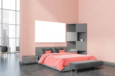 Modern ana yatak odasının köşesinde pembe duvarlar, beton zemin, kırmızı battaniyeli ve yanında şık bir kitaplık olan rahat kral boyu. Yatay maket posteri. 3d oluşturma