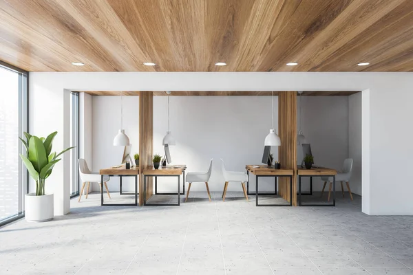 Interior Oficina Consultora Con Estilo Con Paredes Blancas Techo Madera — Foto de Stock