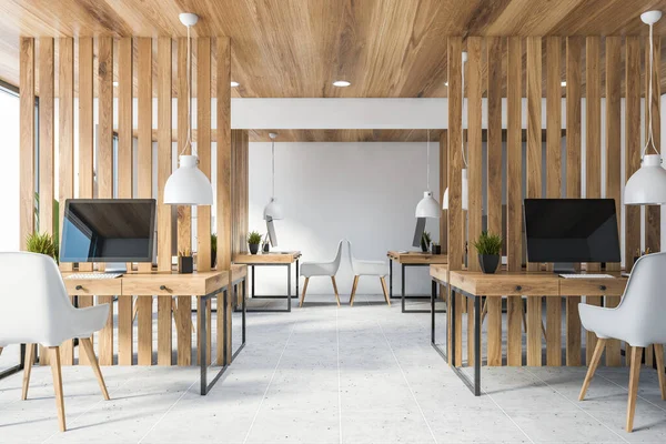 Interior of modern consulting company office with white and wooden walls, wooden ceiling, tiled floor and wooden computer tables with white chairs. 3d rendering