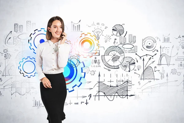 Cheerful Young Businesswoman Talking Phone Standing Concrete Wall Creative Business — Stock Photo, Image