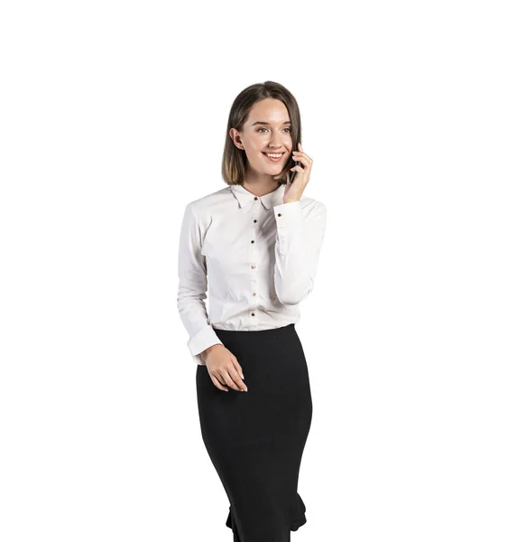 Retrato Isolado Sorridente Jovem Empresária Europeia Com Cabelo Claro Falando — Fotografia de Stock