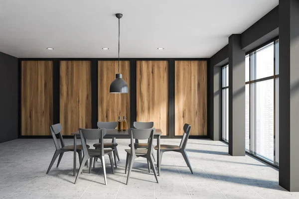 Interior Minimalistic Dining Room Grey Wooden Walls Big Windows Blurry — Stock Photo, Image