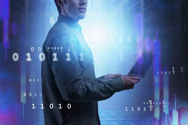 Unrecognizable Young Engineer Using Laptop Blurry Data Center Double Exposure — Stock Photo, Image