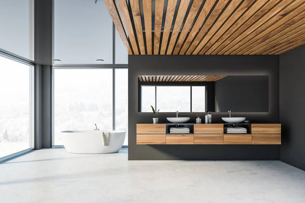 Interiér Panoramatické Šedé Koupelny Betonovou Podlahou Dřevěným Stropem Dvojitým Umyvadlem — Stock fotografie