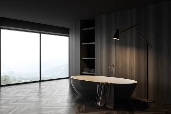 Angolo Ampio Bagno Panoramico Con Pareti Legno Grigio Scuro Confortevole — Foto Stock