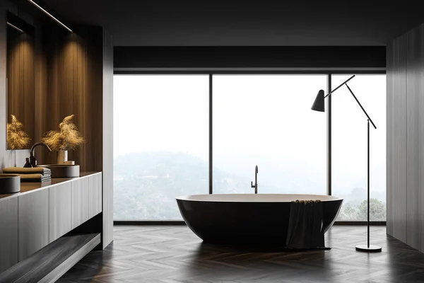 Interior Moderna Casa Banho Panorâmica Com Paredes Madeira Cinza Escuro — Fotografia de Stock
