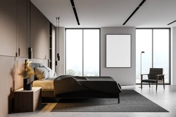 Seitenansicht Des Luxus Schlafzimmers Mit Beigen Und Weißen Wänden Betonboden — Stockfoto