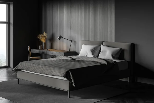Corner Minimalistic Master Bedroom Grey Dark Wooden Walls Comfortable King — Stock Photo, Image
