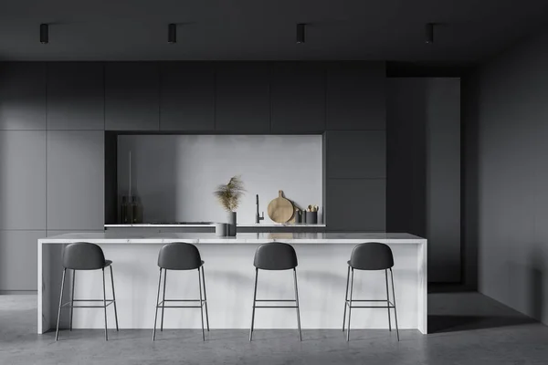 Intérieur Cuisine Moderne Avec Murs Blancs Gris Foncé Sol Béton — Photo