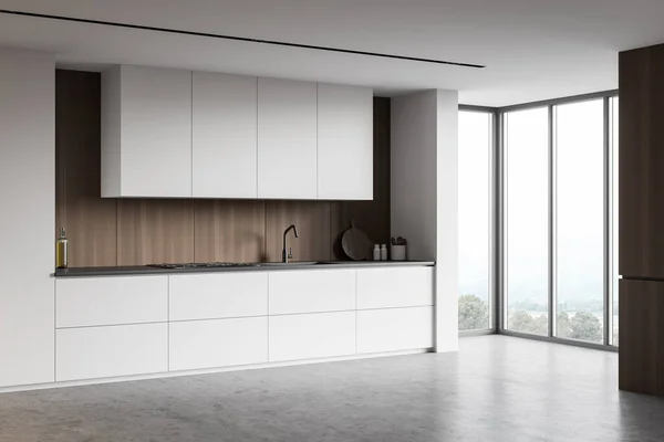 Angolo Spaziosa Cucina Minimalista Con Pareti Bianche Legno Pavimento Cemento — Foto Stock