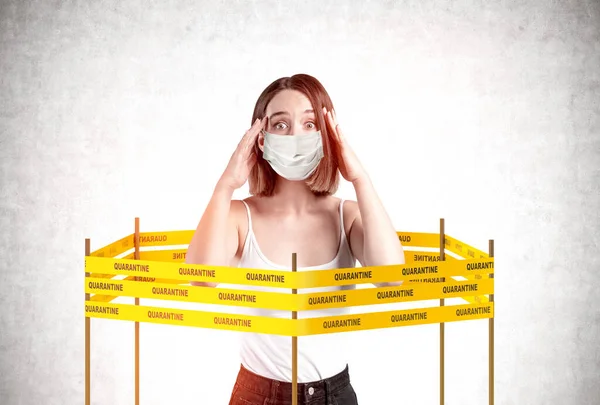 Portrait Panicking Young European Woman Mask Coronavirus Quarantine Tape Barrier — Stock Photo, Image