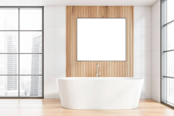 Belső Tér Modern Fürdőszoba Fehér Csempe Fából Készült Falak Fapadló — Stock Fotó