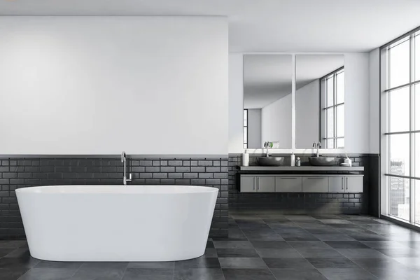 Interior Baño Moderno Con Paredes Ladrillo Blanco Negro Suelo Baldosas —  Fotos de Stock