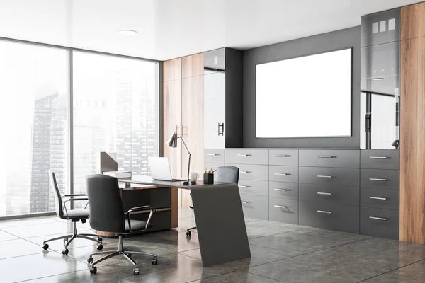 Corner Luxury Ceo Office Gray Wooden Walls Csempézett Padló Számítógépes — Stock Fotó