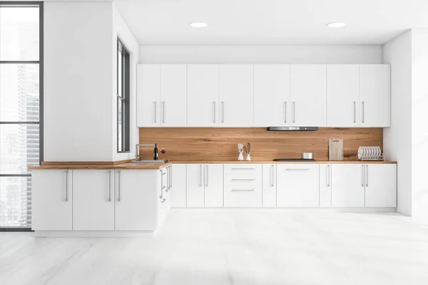 白と木製の壁 木製の床 シンクと炊飯器や食器棚を内蔵した白いカウンター付きのスタイリッシュなキッチンのインテリア 3Dレンダリング — ストック写真