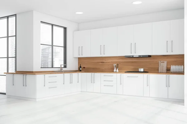 Corner Stylish Kitchen White Wooden Walls Wooden Floor White Countertops — Stock Photo, Image