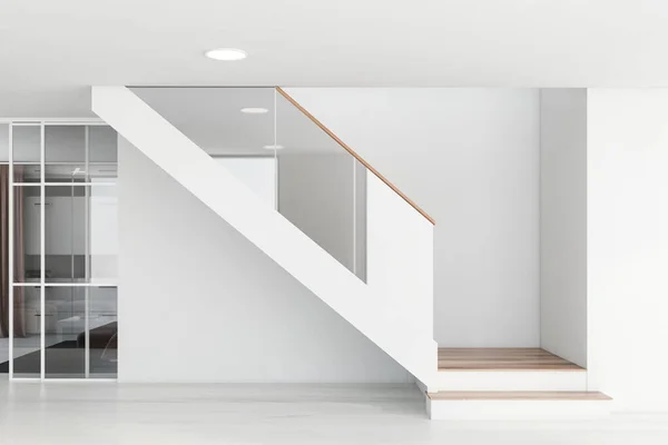 Comfortable White Wooden Stairs Modern Living Room White Walls Wooden — Stock Photo, Image