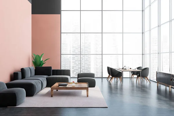 Interieur Van Panoramische Woonkamer Met Roze Muren Betonnen Vloer Comfortabele — Stockfoto