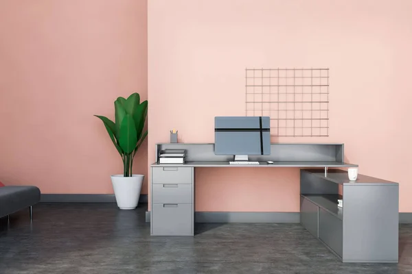 Interior of stylish home office with pink walls, concrete floor and grey computer table. Concept of working from home. 3d rendering